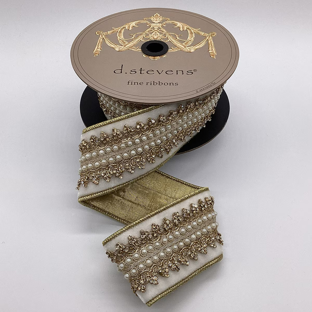 White Winter Velvet Jeweled Pearls Royalty 2.5" x 5 yds. d. stevens Ribbon - Picture 1 of 1